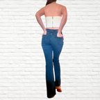 Women Flared Blue Jeans and Cream Corset Outfit